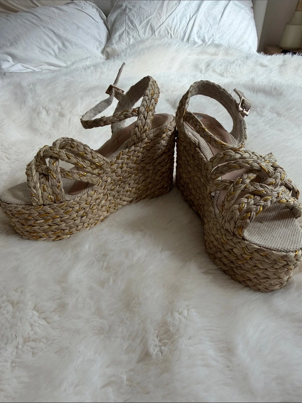 Braided Straw Platform Wedges in Natural - Women